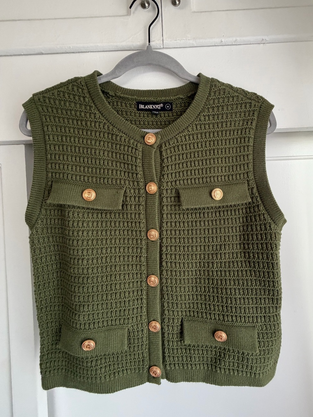 Blank NYC Olive Waffle Knit Sweater Button Vest with Gold Buttons